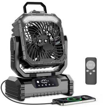 LOLLYES Ventilador de Acampamento Preto Recarregável ar Livre com Luz Bateria de 10000mAh Gancho Giratório 360° 4 Velocidades para uso Interno