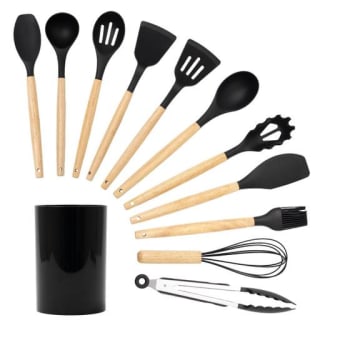 Kit 11 Utensílios de Cozinha de Silicone com Cabo de Madeira e Suporte - Tud