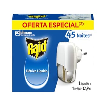 Raid Repelente Elétrico Líquido 45 Noites, Aparelho e Refil de 32,9ml