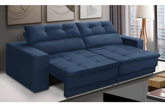 Sofá Retrátil e Reclinável 3 Lugares 1,90m com Molas Emily Suede Azul Adonai Estofados