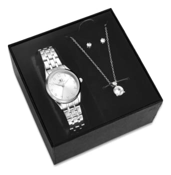 Kit Relógio Colar Brincos Prata Feminino Saint Germain 28 Mm