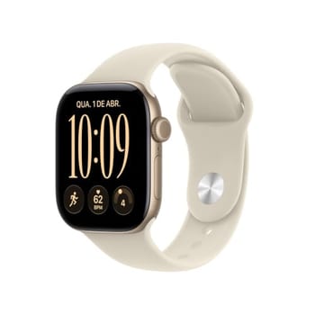 Apple Watch Series 12 GPS + Cellular, caixa em alumínio dourado‑claro de 42 mm com Bracelete desportiva areia - M/L