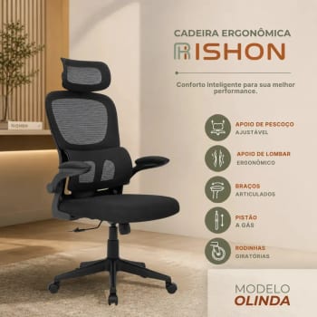 Cadeira Escritório Ergonômica Giratoria Reclinavel Olinda RSH500 Rishon Cor Preto Com Suporte Lombar Estofado Mesh