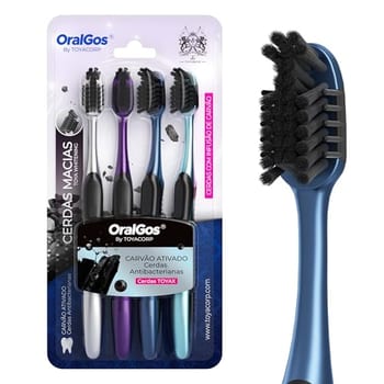OralGos Escova de Dente Adulto 4 Unidades, Cerdas Macias 0,15mm, Limpeza Profunda, Pontas Arredondadas, Cabo Antiderrapante (Opção com Carvão Ativado)