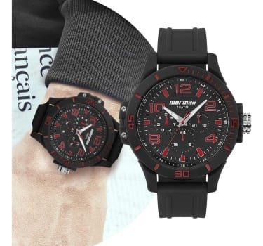 Relógio Masculino Analógico de Pulso Preto e Vermelho Redondo Grande Casual com Calendário Mormaii Mo6p29as/8r