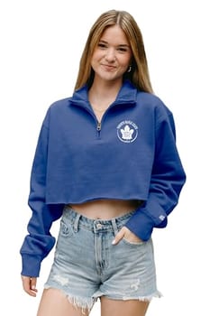 Blue 84 Moletom feminino oficialmente licenciado pela NHL com zíper curto no peito esquerdo