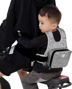 Cinto de Segurança Infantil para Motocicletas e Bicicletas com Mochila de Armazenamento (Cinza)