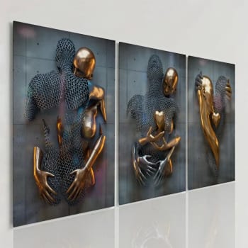 Quadros Decorativos Casal Abraço Químico Metálico 3 Peças