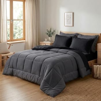 Edredom Kit Roupa de Cama 6 Peças Dupla Face Lençol e Fronha Completo Com Elástico Casal Queen (Preto e Cinza)