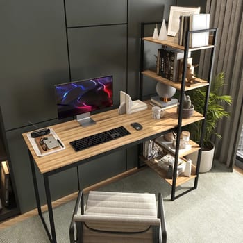 Mesa Escrivaninha Industrial Laminado Com Preto 5 Prateleiras Design Moderno Modelo Para Home Office Mod: Athenas Shoop