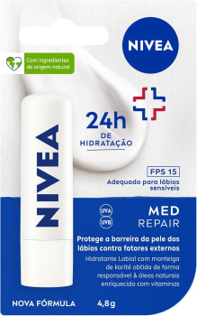 NIVEA Protetor Labial Med Repair FPS15 48g - Hidrata e regenera os lábios ressecados e machucados com Vitamina E e óle