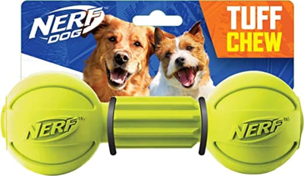 Nerf Dog Brinquedo de cachorro de borracha mastigar barbell, leve, durável e resistente à água, 18,5 cm, para raças médias/grandes, unidade única, ver