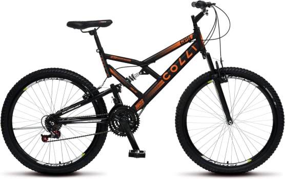 Bicicleta GPS 148 Dupla Suspensão e Freios V-Brake, Aro 26 Aero, 36 Raias, 21 Marchas - Colli Bike (Preto e Laranja Neon)