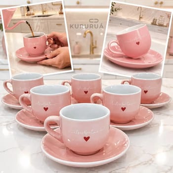 Jogo 6 Xícaras Café Porcelana Rosa 90ml Com Pires Rose Conjunto Marca Kururuá