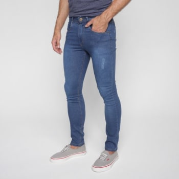 Calça Jeans Skinny Terminal Com Puído Masculina - Azul