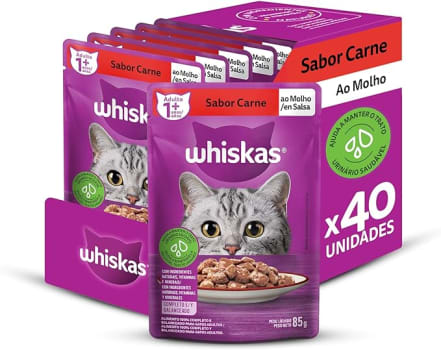 Pack de Ração Úmida Whiskas Sachê Carne ao Molho para Gatos Adultos, 40 sachês de 85 g