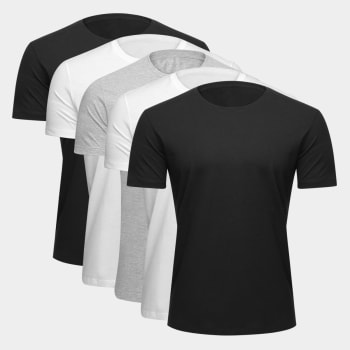 Kit Camiseta Básica c/ 5 Peças Masculinas - Branco e Preto