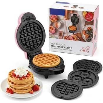 Máquina de Waffle e Donuts 110V 3 em 1 Mini - Waffleira Elétrica Compacta com Placas Removíveis com Formato Coração Laváveis em Lava-Louças, para