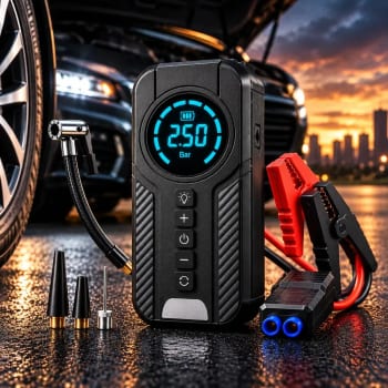 Auxiliar De Partida Bateria Carro Compressor De Ar Portátil 12V 4 funções em 1 Inflador Digital Calibrador Pneu Power Bank Lanterna LED Emergência