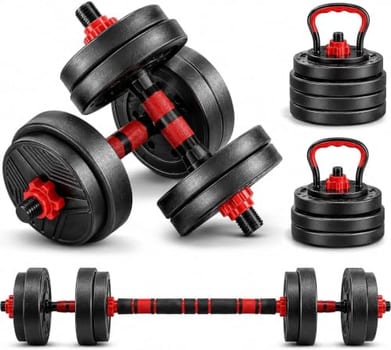 Kit Halteres Ajustável 6 em 1 15kg com Barra, Kettlebell e Suporte Flexões