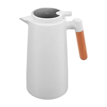 LYOR - Garrafa Térmica de Plástico com Cabo de Madeira e Termômetro Branca 1L - Utensílios de Cozinha - Mesa Posta - Decoração - Itens Para Casa