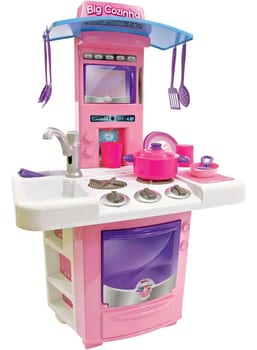 Cozinha Infantil Big Star Rosa 69cm Torneira Água Fogão Forno 16 Peças