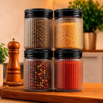 Kit 4 Porta Tempero Pote de Vidro Canelado com Vedação Pote com Tampa Preta Rosqueável para Mantimentos e Temperos Cozinha Moderna Premium
