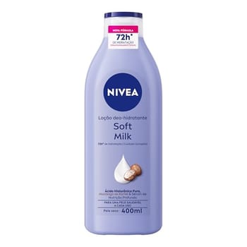 NIVEA Loção Deo-Hidratante Soft Milk 400ml, Hidratação Profunda 72h, Hialurônico Puro, Corporal, Pele Seca