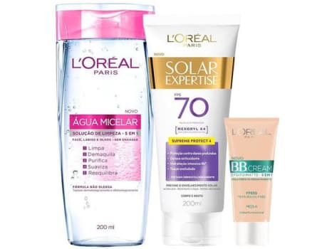 Protetor Solar Corporal Loreal Paris FPS 70 - 200ml + Base 5 em 1 30g + Água Micelar 200ml - Magazine Ofertaesperta