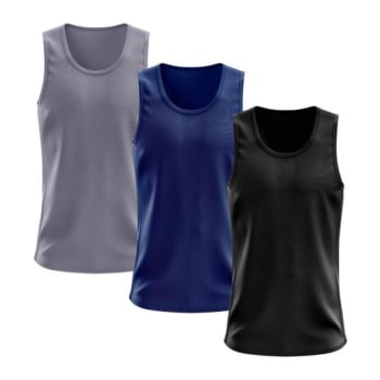 Kit 3 Regata Masculina Lisa Básica Dry Academia Treino Camisa Camiseta Blusa Esportiva Regatas - Azul+Cinza