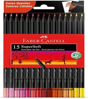 Ecolápis de cor, Faber-Castell, supersoft, 120715SOFTCQ, 15 cores tons quentes, Multicor