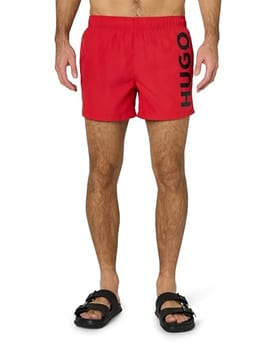 HUGO Calção de banho masculino com logotipo vertical, Vermelho quente, GG