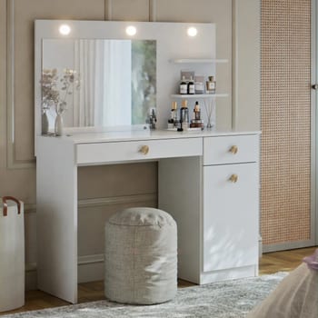 Penteadeira Camarim Jolie Com LED Espelho E 2 Gavetas Organizadora Maquiagem Para Studio E Quarto Cor Branco