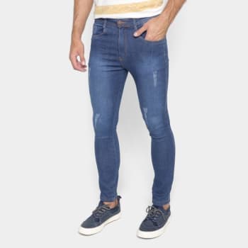 Calça Jeans Skinny Terminal Com Puídos Masculina - Azul Escuro