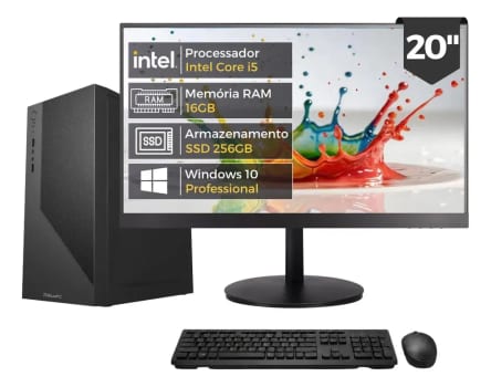 Computador Completo Intel Core i5 4570 (4ª Geração), 16GB RAM, SSD 256GB, Monitor 20" 75Hz HDMI, Windows 10 Pro, Preto, Bivolt - BluePC Office