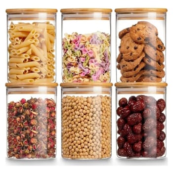 Kit 06 Potes de Mantimentos Herméticos 300ml Pote Redondo Vidro Tampa De Bambu - Ideal Para Temperos Grãos Café Açucar Snacks Condimentos