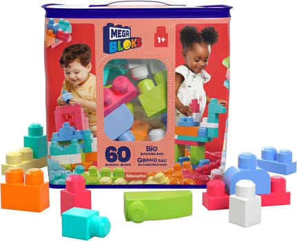 MEGA BLOKS, Sacola Vermelha com 60 Blocos de Montar Grandes e Coloridos, Conjunto de Brinquedo para Idades a partir de 1 ano