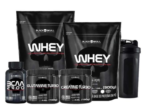 Kit Combo Suplementos 2 Whey 900g Cada + Creatina 150g + Glutamina Turbo 150g + BCAA 100g + Garrafa 600ml - Black Skull (6 Produtos)