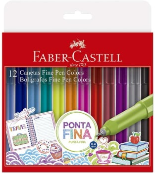  Caneta Ponta Fina, Faber-Castell, Fine Pen Colors, FPB/ES1ZF, 12 Cores 