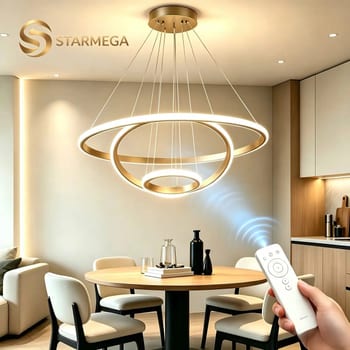 Lustre LED Moderno de 3 Arcos para Sala de Jantar, Teto, com Controle Remoto Dourado