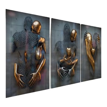 Quadros Decorativos Casal Abraço Químico Metálico 3 Peças Borda Infinita Mdf Carvalho Vinílico Resistente Conforme Imagens