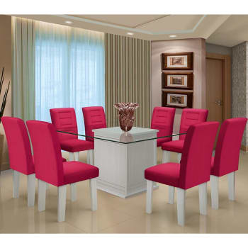 Conjunto de Mesa Para Sala de Jantar C/ Tampo de Vidro e 8 Cadeiras Vegas - Dobuê - Branco / Vinho