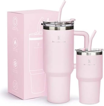 Kit Copos Térmicos 1,18l + 591ml Com Canudo, Tampa E Alça, Rosa Claro