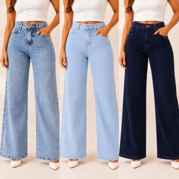 Kit 3 Calças Jeans Pantalona Wide Leg Feminina Cintura Alta