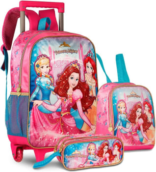 Kit Mochila Rodinha Estojo Lancheira Princesas Mágicas