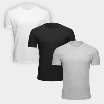 Kit Camiseta Básicos 3 Peças Masculino - Branco e Chumbo