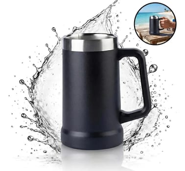 Caneca Térmica Preta de Aço Inoxidável 720 mL Com Parede Dupla e Alça Para Cerveja, Café e Chopp
