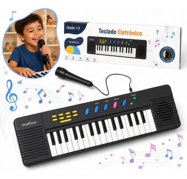 Teclado Infantil 32 Teclas Com Microfone Karaokê Brinquedo Presente Crianças Musical Educativo Kizumba Cor Preto