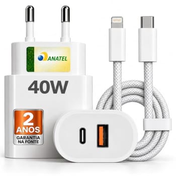 Carregador Turbo 40W USB-C + USB-A Compatível com iPhone 8 X XR 11 12 13 14