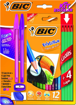 Kit Escolar Bic Lápis 12 Cores 4 Preto Evolution 2 Canetas 1 Borracha + Apontador